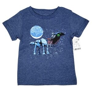 Star Wars Christmas Tshirt Boys Sz 18M Darth Vader AT AT Death Star Blue Holiday